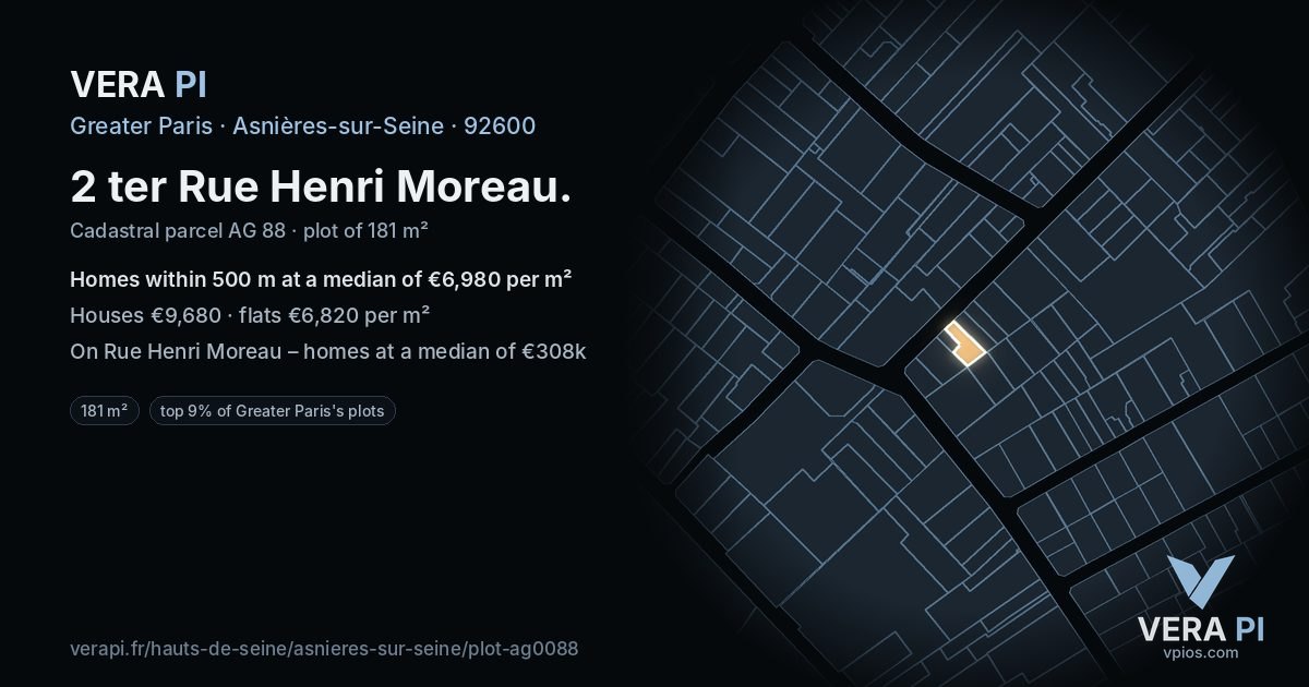 2 ter Rue Henri Moreau, Asnières-sur-Seine at night – the plot lit, the parcels around coloured by the prices near them