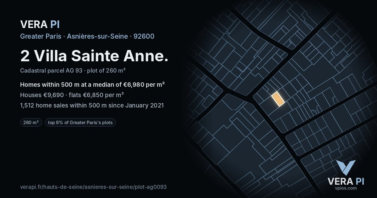 2 Villa Sainte Anne, Asnières-sur-Seine at night – the plot lit, the parcels around coloured by the prices near them