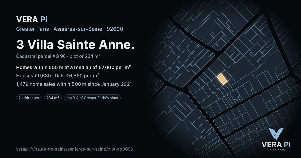 3 Villa Sainte Anne, Asnières-sur-Seine at night – the plot lit, the parcels around coloured by the prices near them