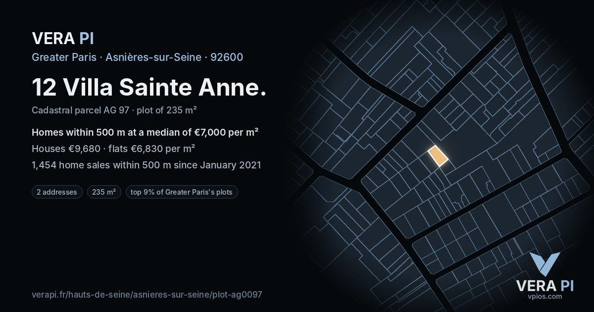 12 Villa Sainte Anne, Asnières-sur-Seine at night – the plot lit, the parcels around coloured by the prices near them