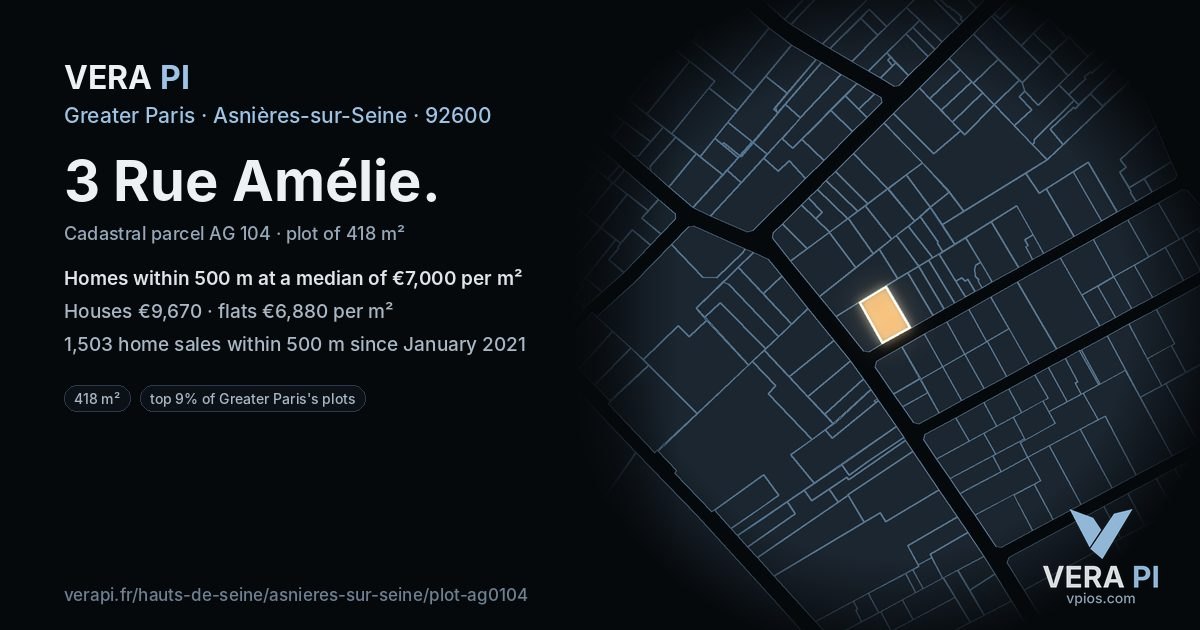 3 Rue Amélie, Asnières-sur-Seine at night – the plot lit, the parcels around coloured by the prices near them