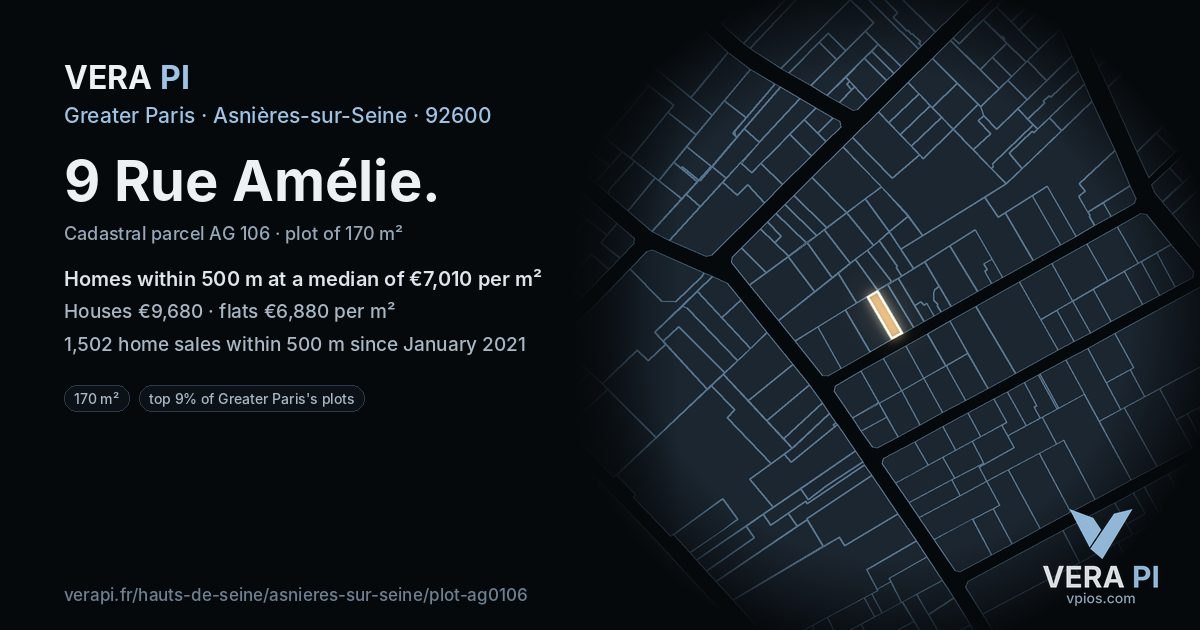 9 Rue Amélie, Asnières-sur-Seine at night – the plot lit, the parcels around coloured by the prices near them