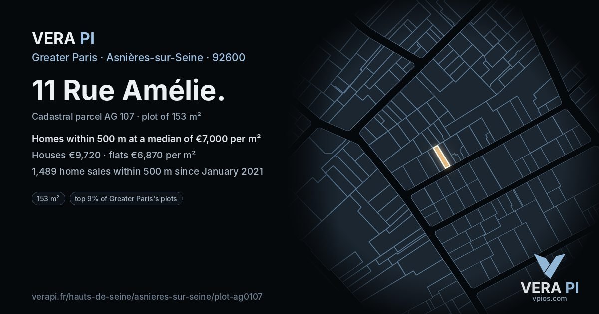 11 Rue Amélie, Asnières-sur-Seine at night – the plot lit, the parcels around coloured by the prices near them