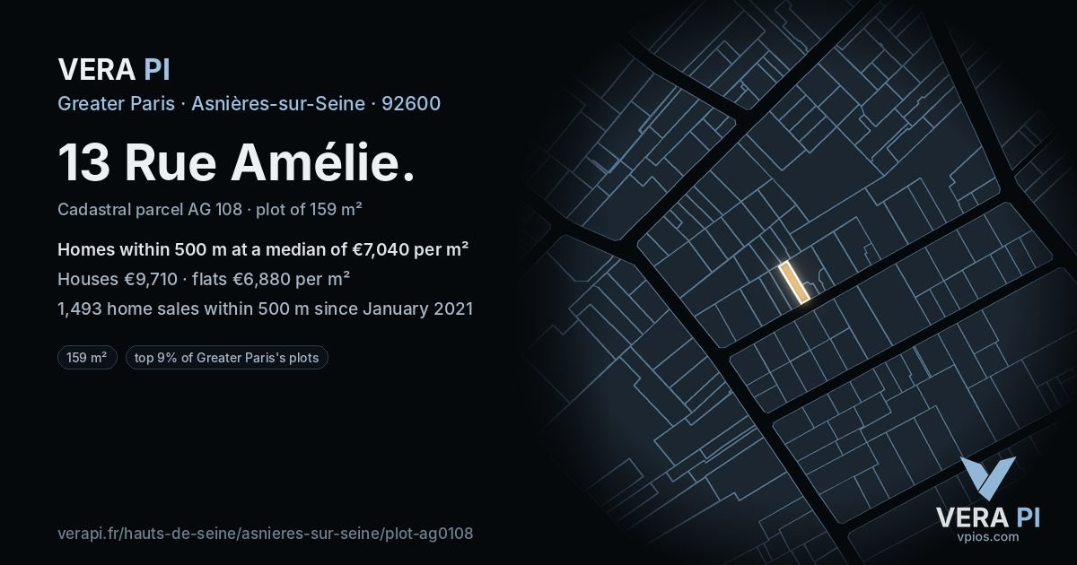 13 Rue Amélie, Asnières-sur-Seine at night – the plot lit, the parcels around coloured by the prices near them