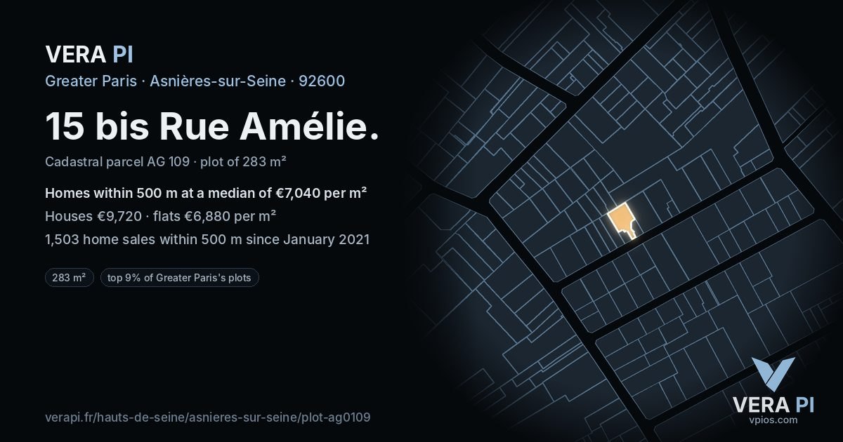 15 bis Rue Amélie, Asnières-sur-Seine at night – the plot lit, the parcels around coloured by the prices near them