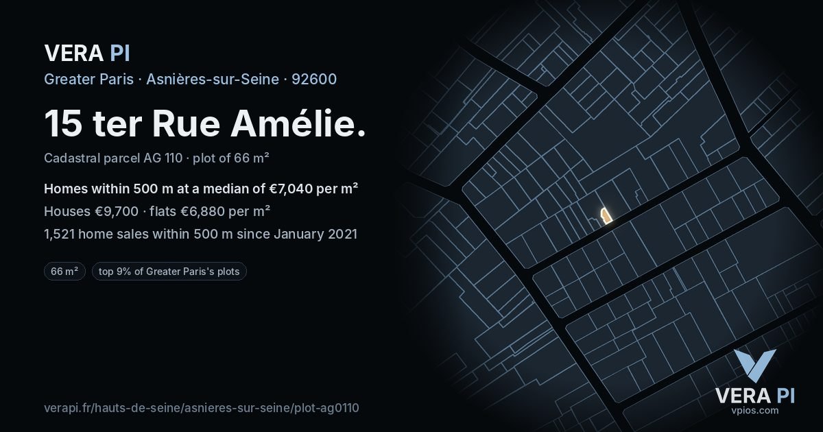 15 ter Rue Amélie, Asnières-sur-Seine at night – the plot lit, the parcels around coloured by the prices near them