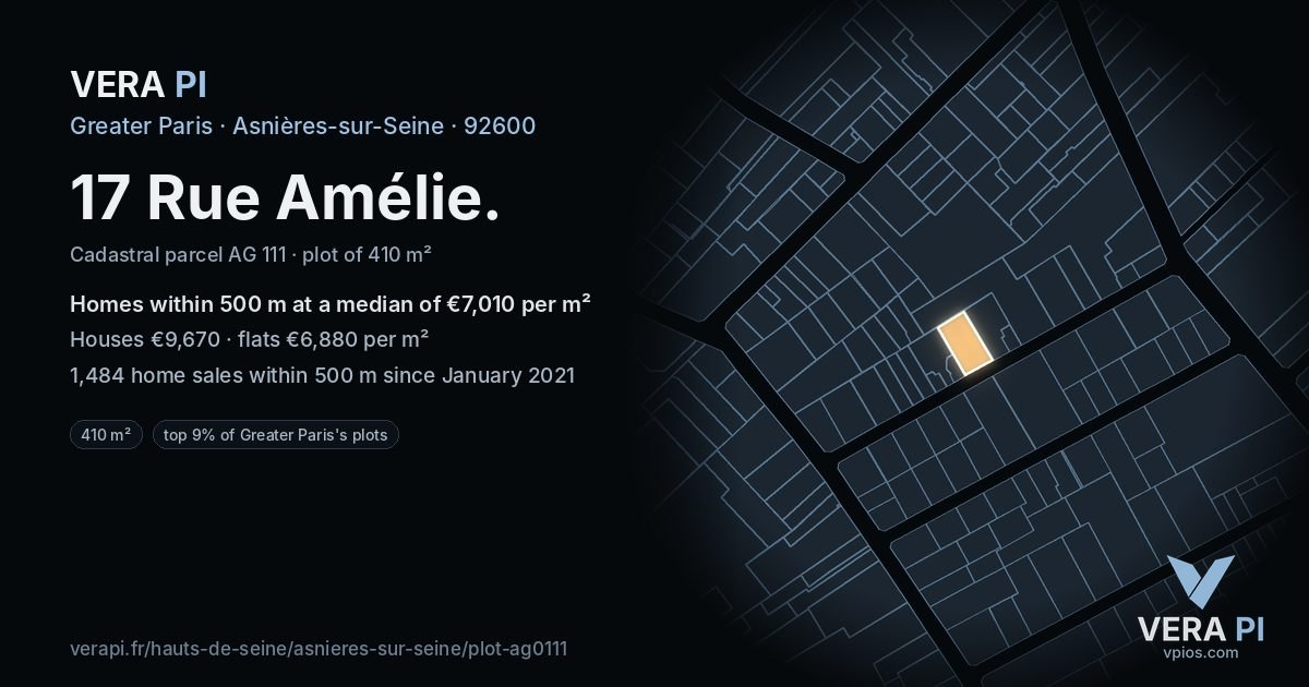 17 Rue Amélie, Asnières-sur-Seine at night – the plot lit, the parcels around coloured by the prices near them