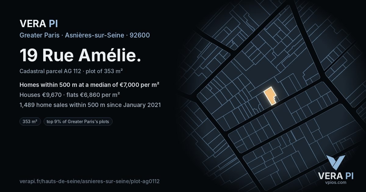 19 Rue Amélie, Asnières-sur-Seine at night – the plot lit, the parcels around coloured by the prices near them