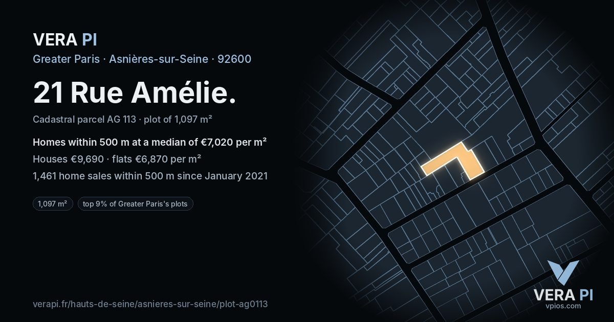 21 Rue Amélie, Asnières-sur-Seine at night – the plot lit, the parcels around coloured by the prices near them