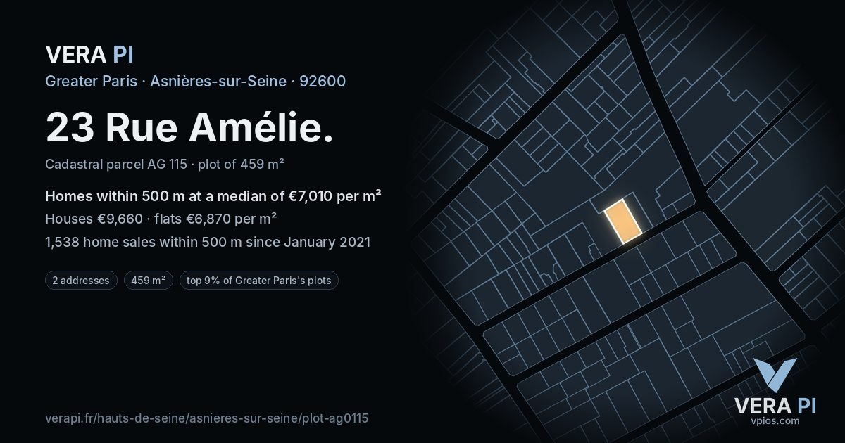 23 Rue Amélie, Asnières-sur-Seine at night – the plot lit, the parcels around coloured by the prices near them
