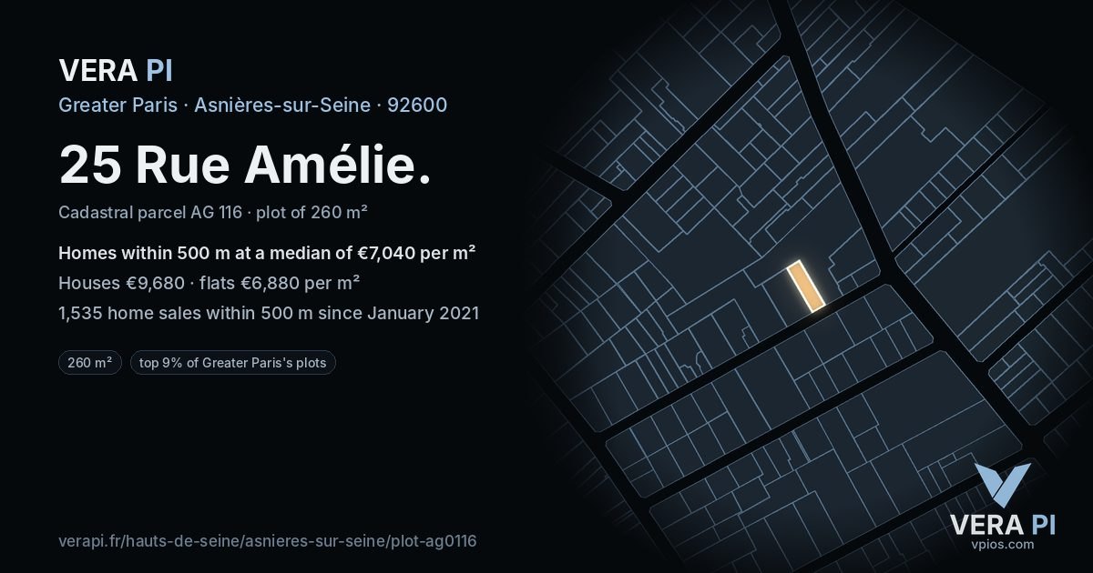 25 Rue Amélie, Asnières-sur-Seine at night – the plot lit, the parcels around coloured by the prices near them