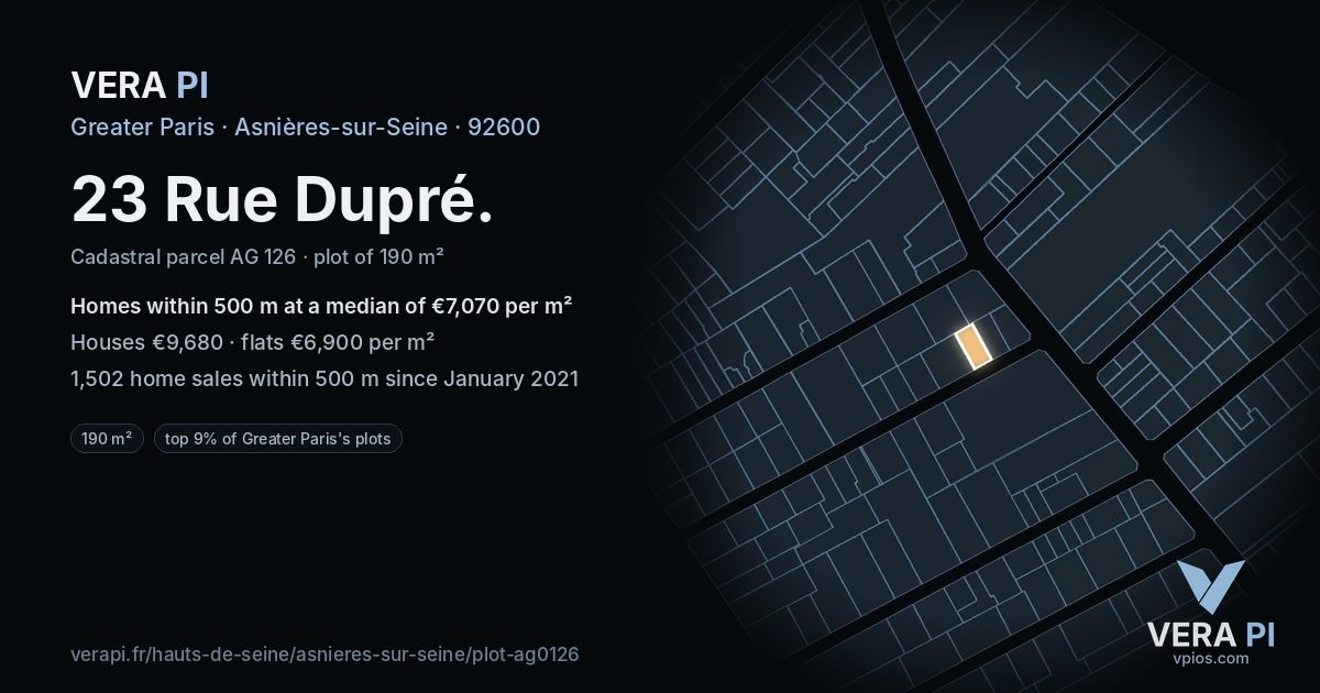 23 Rue Dupré, Asnières-sur-Seine at night – the plot lit, the parcels around coloured by the prices near them