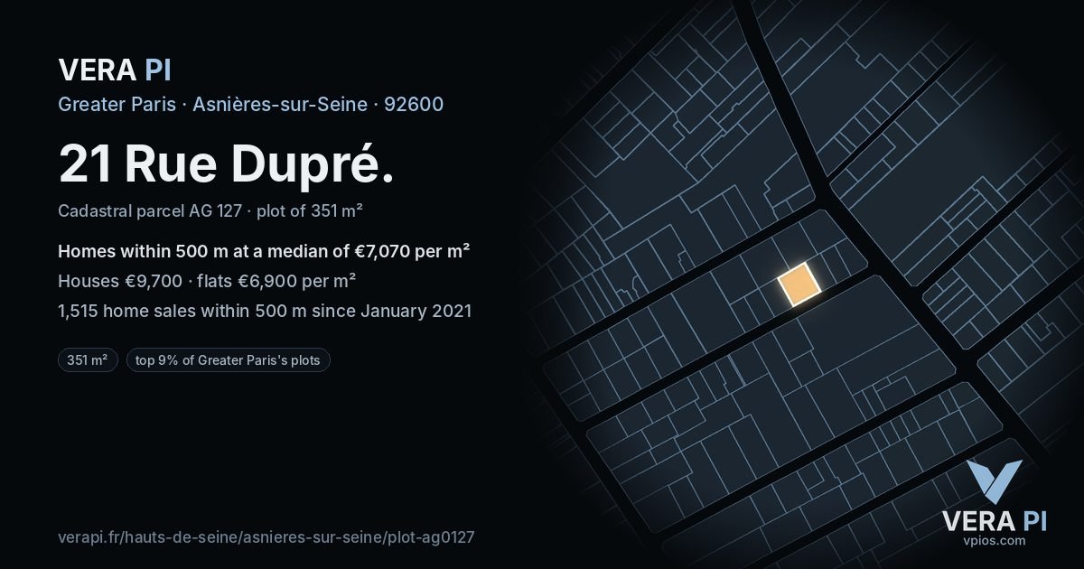 21 Rue Dupré, Asnières-sur-Seine at night – the plot lit, the parcels around coloured by the prices near them
