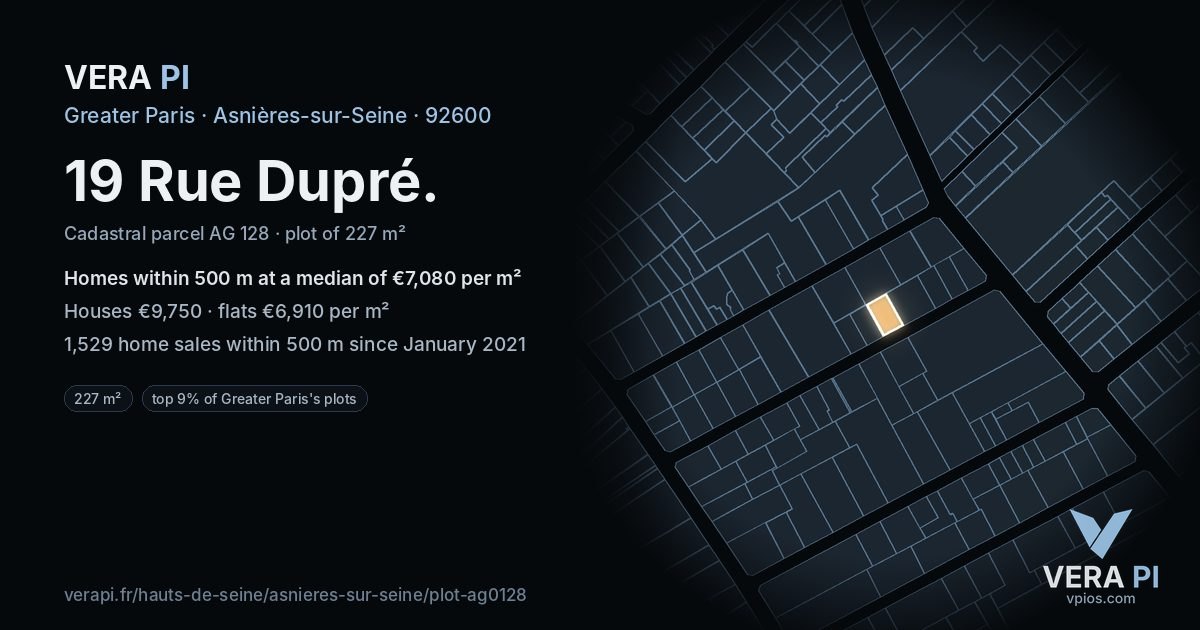 19 Rue Dupré, Asnières-sur-Seine at night – the plot lit, the parcels around coloured by the prices near them