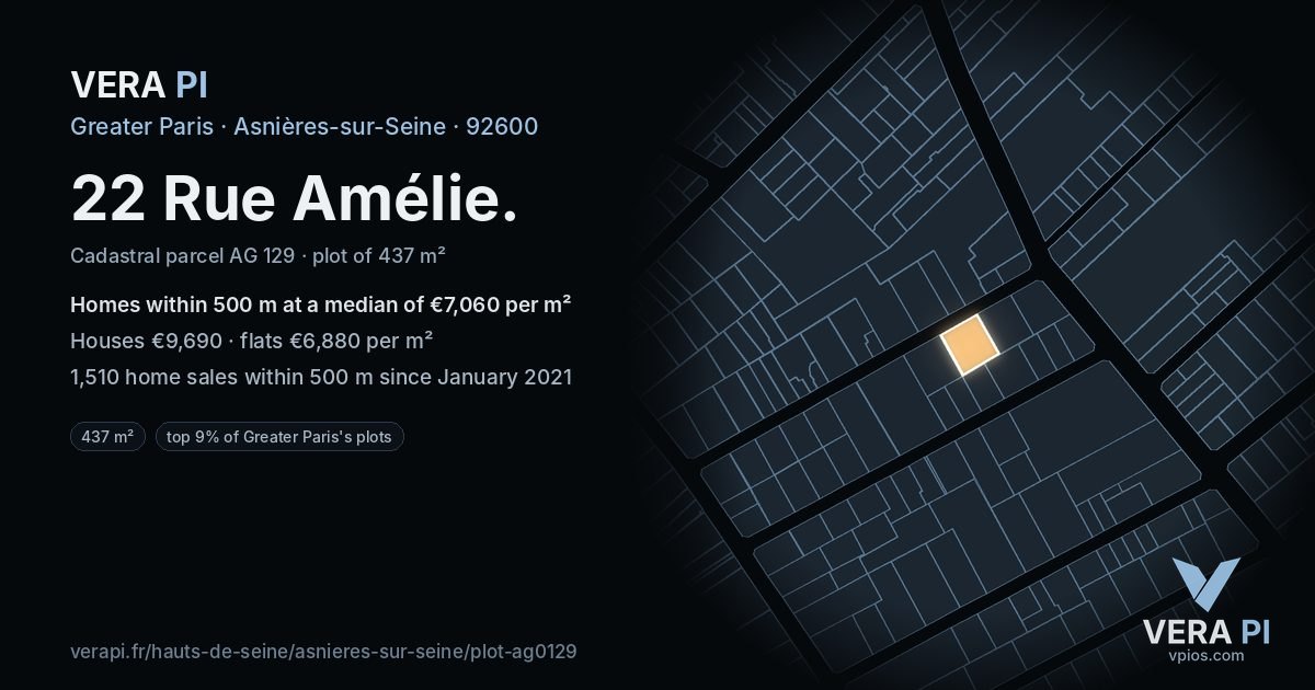 22 Rue Amélie, Asnières-sur-Seine at night – the plot lit, the parcels around coloured by the prices near them