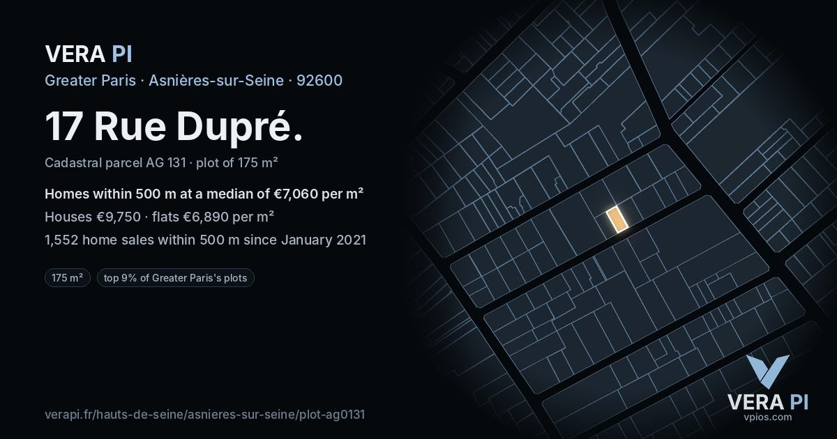 17 Rue Dupré, Asnières-sur-Seine at night – the plot lit, the parcels around coloured by the prices near them