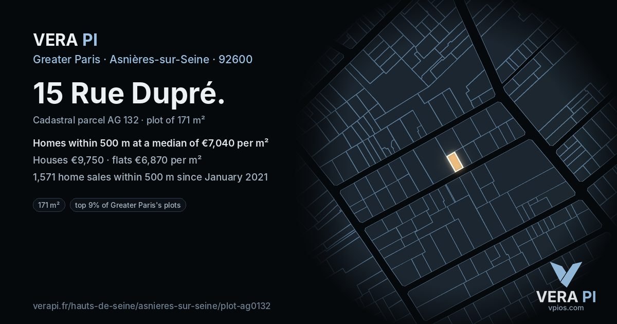 15 Rue Dupré, Asnières-sur-Seine at night – the plot lit, the parcels around coloured by the prices near them