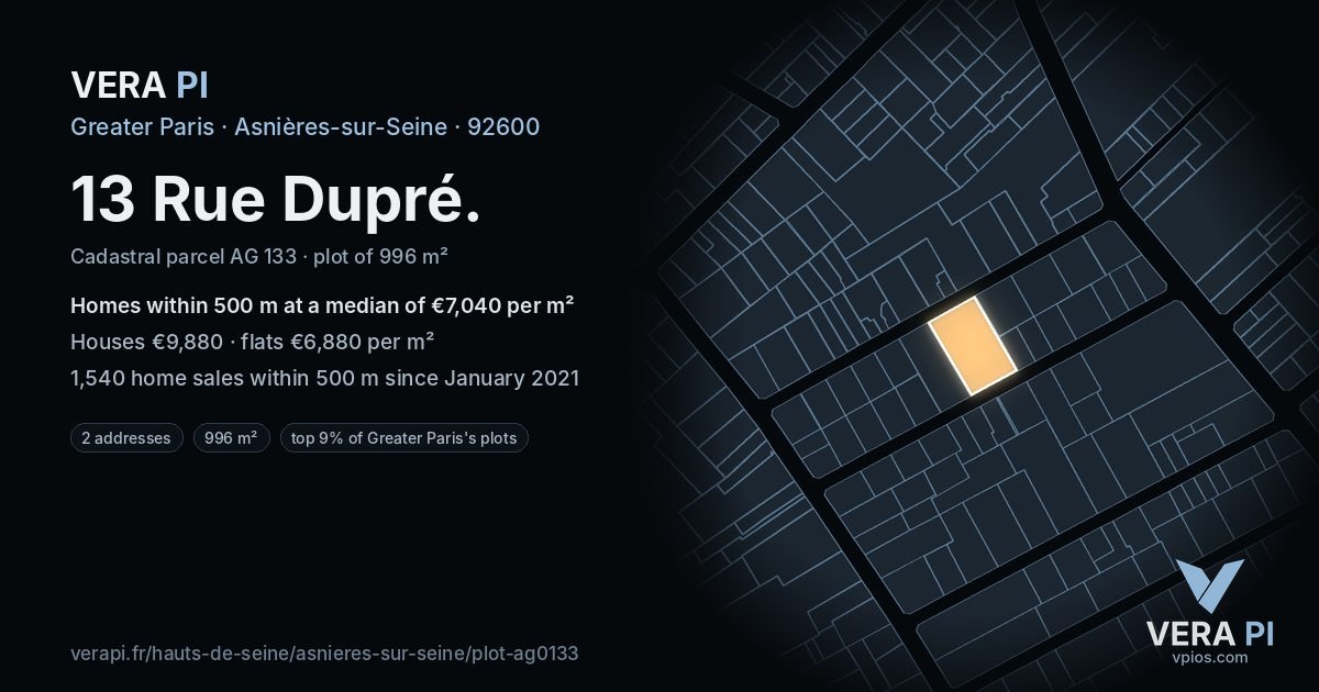 13 Rue Dupré, Asnières-sur-Seine at night – the plot lit, the parcels around coloured by the prices near them