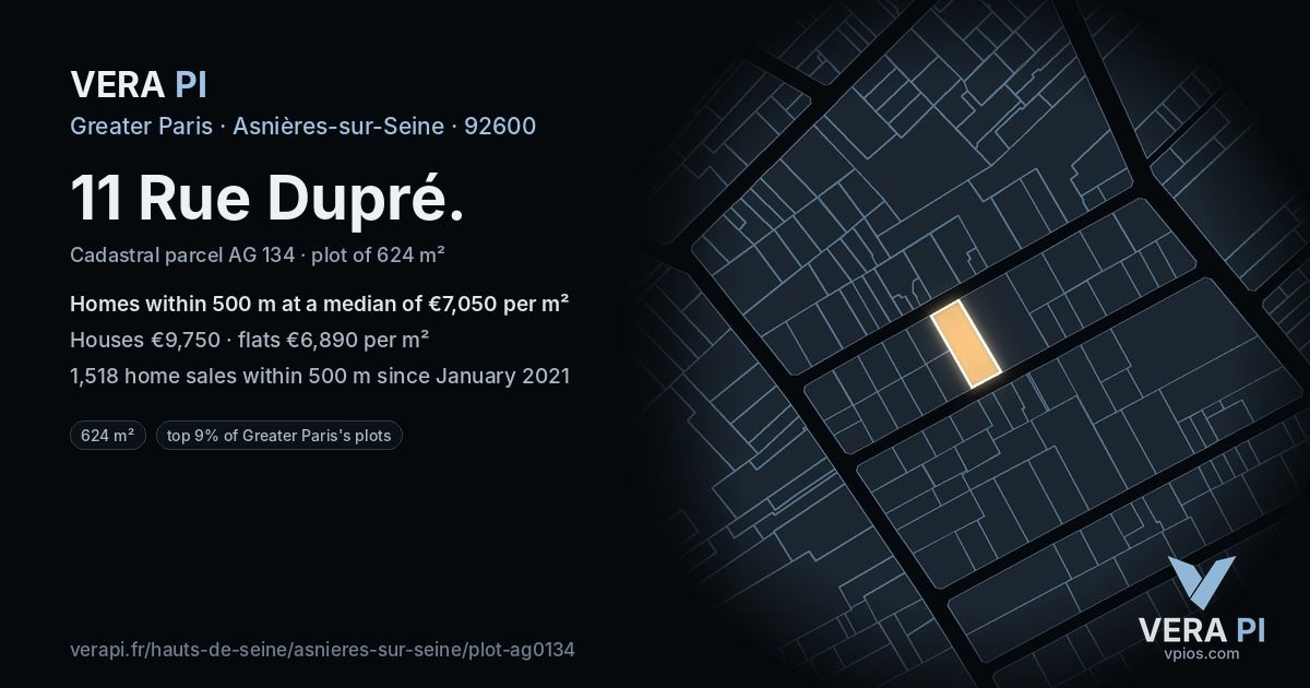 11 Rue Dupré, Asnières-sur-Seine at night – the plot lit, the parcels around coloured by the prices near them