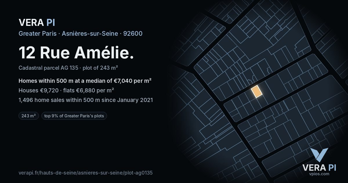 12 Rue Amélie, Asnières-sur-Seine at night – the plot lit, the parcels around coloured by the prices near them