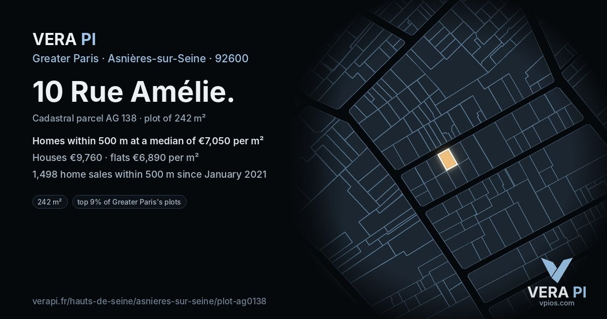 10 Rue Amélie, Asnières-sur-Seine at night – the plot lit, the parcels around coloured by the prices near them