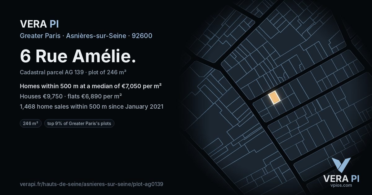 6 Rue Amélie, Asnières-sur-Seine at night – the plot lit, the parcels around coloured by the prices near them