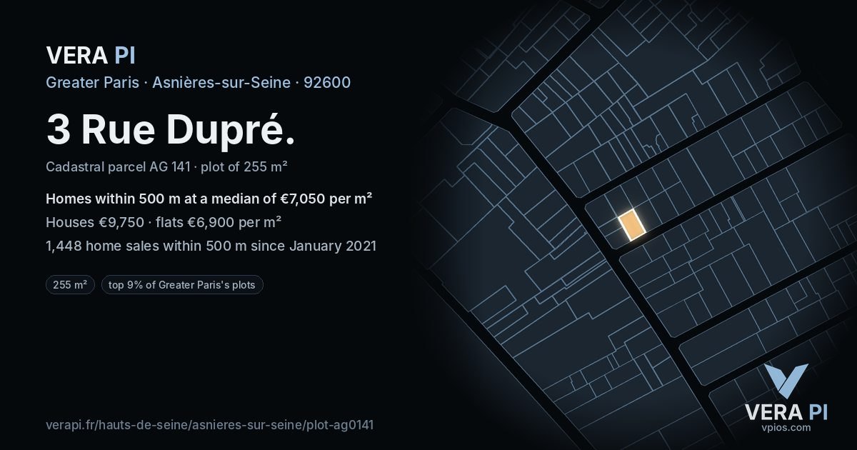 3 Rue Dupré, Asnières-sur-Seine at night – the plot lit, the parcels around coloured by the prices near them