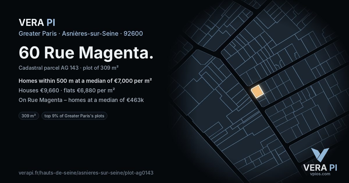 60 Rue Magenta, Asnières-sur-Seine at night – the plot lit, the parcels around coloured by the prices near them