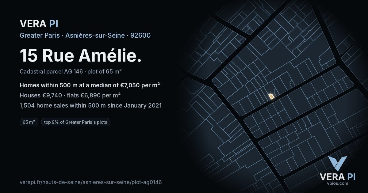 15 Rue Amélie, Asnières-sur-Seine at night – the plot lit, the parcels around coloured by the prices near them