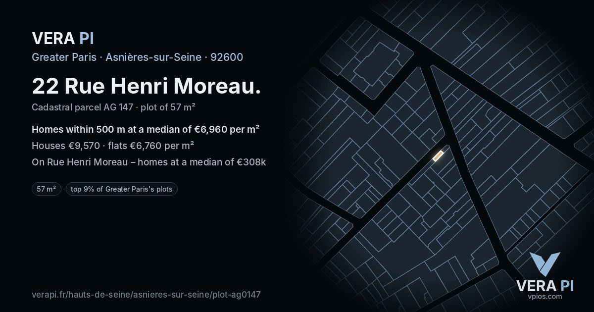 22 Rue Henri Moreau, Asnières-sur-Seine at night – the plot lit, the parcels around coloured by the prices near them