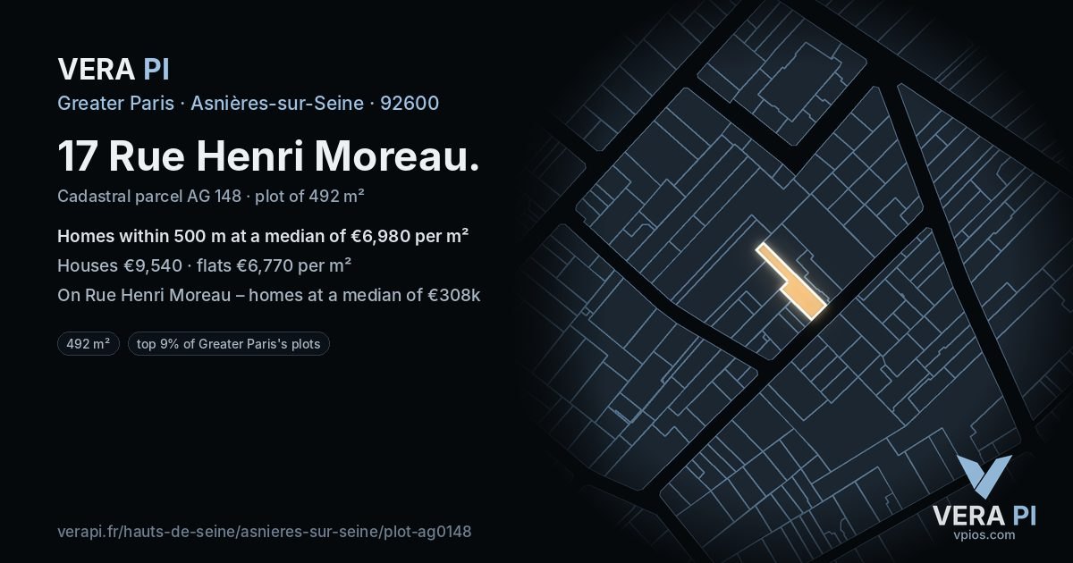 17 Rue Henri Moreau, Asnières-sur-Seine at night – the plot lit, the parcels around coloured by the prices near them
