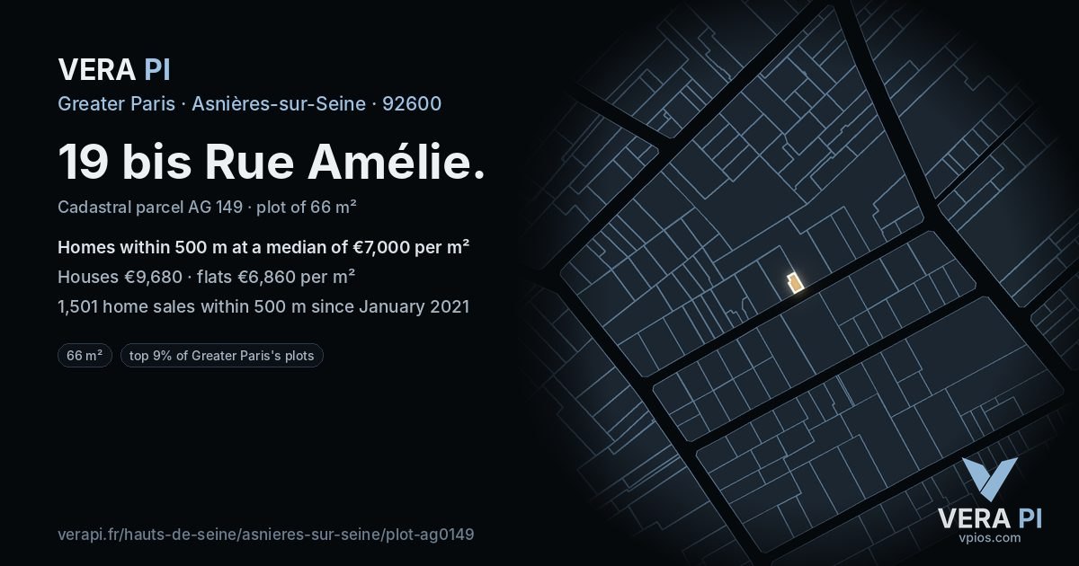 19 bis Rue Amélie, Asnières-sur-Seine at night – the plot lit, the parcels around coloured by the prices near them