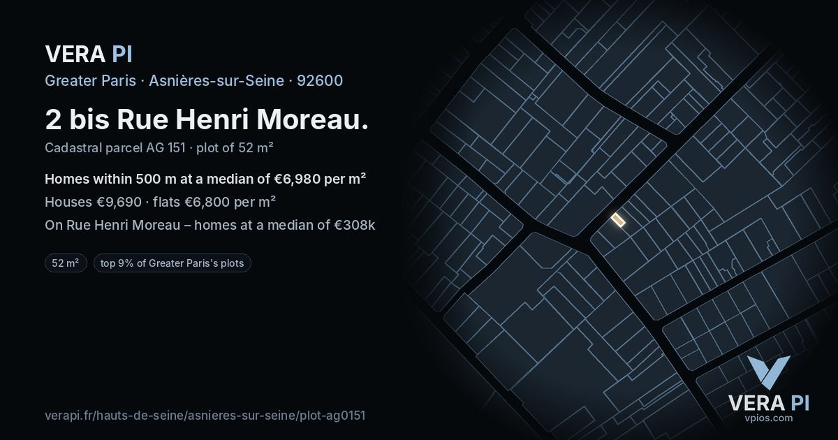 2 bis Rue Henri Moreau, Asnières-sur-Seine at night – the plot lit, the parcels around coloured by the prices near them
