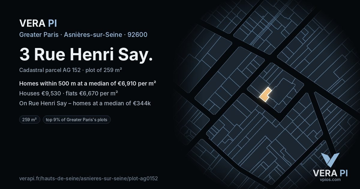 3 Rue Henri Say, Asnières-sur-Seine at night – the plot lit, the parcels around coloured by the prices near them