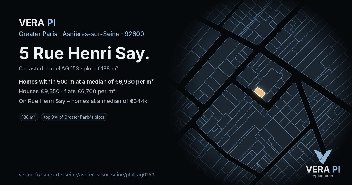 5 Rue Henri Say, Asnières-sur-Seine at night – the plot lit, the parcels around coloured by the prices near them