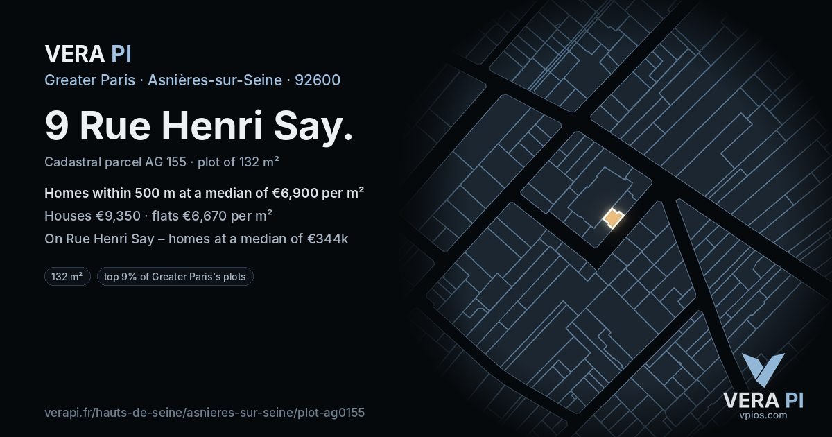 9 Rue Henri Say, Asnières-sur-Seine at night – the plot lit, the parcels around coloured by the prices near them