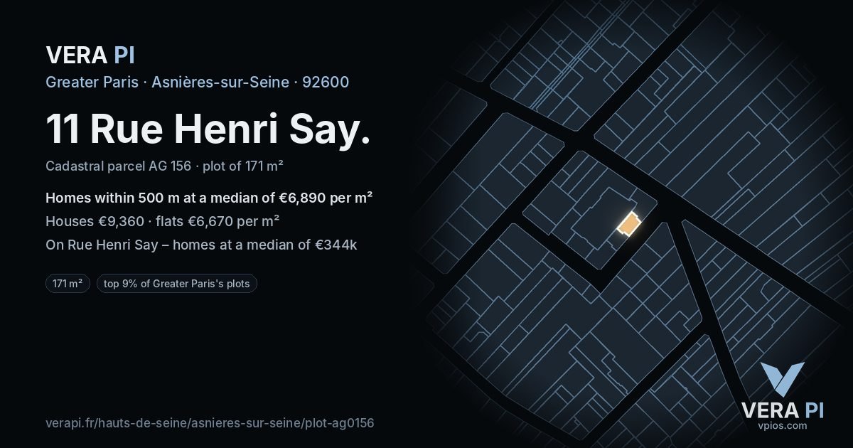 11 Rue Henri Say, Asnières-sur-Seine at night – the plot lit, the parcels around coloured by the prices near them