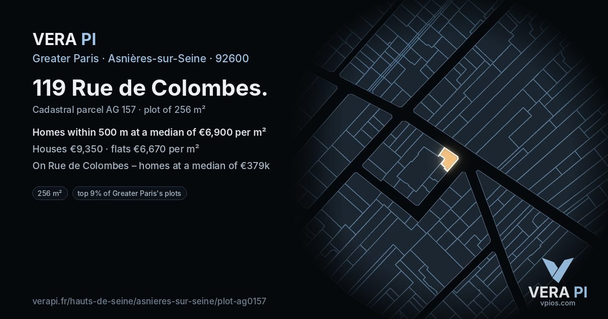 119 Rue de Colombes, Asnières-sur-Seine at night – the plot lit, the parcels around coloured by the prices near them