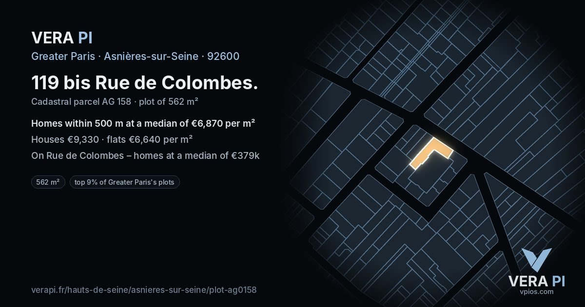 119 bis Rue de Colombes, Asnières-sur-Seine at night – the plot lit, the parcels around coloured by the prices near them