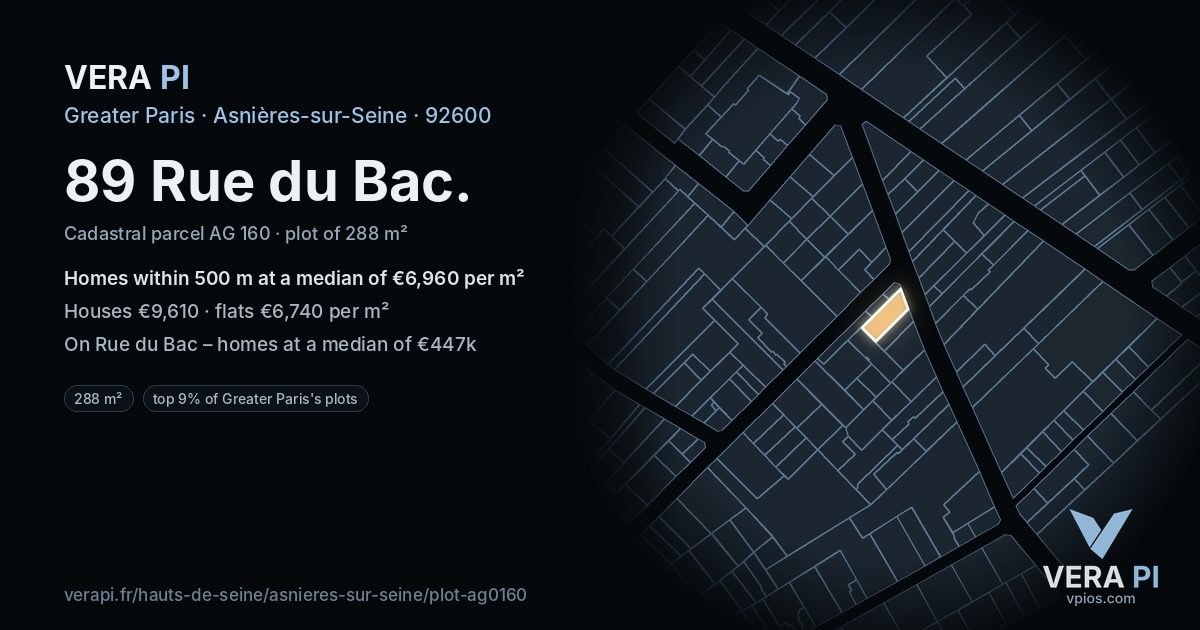 89 Rue du Bac, Asnières-sur-Seine at night – the plot lit, the parcels around coloured by the prices near them
