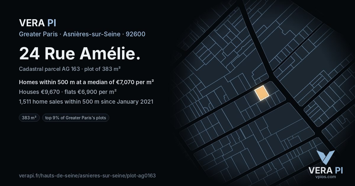 24 Rue Amélie, Asnières-sur-Seine at night – the plot lit, the parcels around coloured by the prices near them