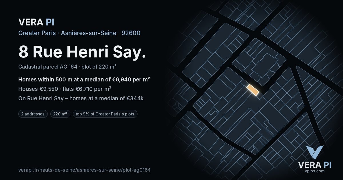 8 Rue Henri Say, Asnières-sur-Seine at night – the plot lit, the parcels around coloured by the prices near them