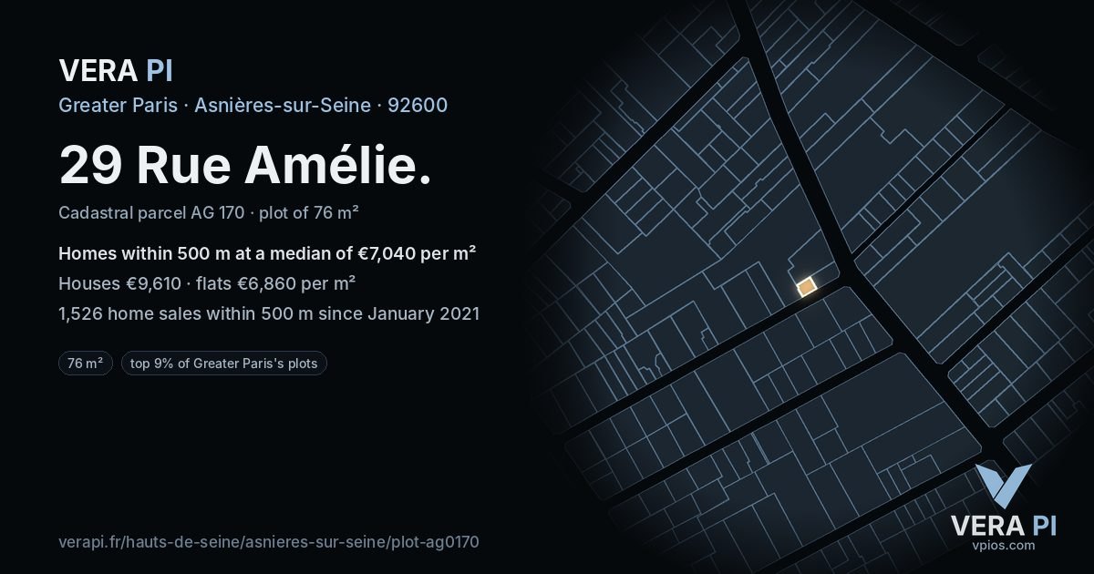 29 Rue Amélie, Asnières-sur-Seine at night – the plot lit, the parcels around coloured by the prices near them