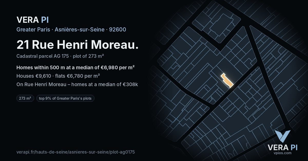 21 Rue Henri Moreau, Asnières-sur-Seine at night – the plot lit, the parcels around coloured by the prices near them
