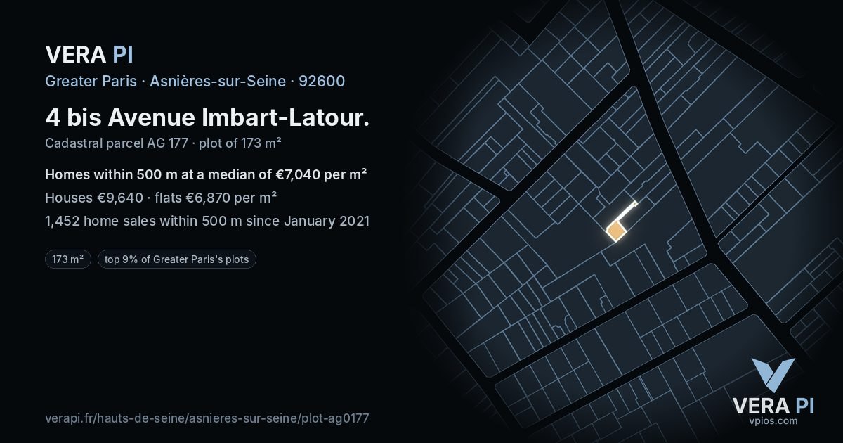 4 bis Avenue Imbart-Latour, Asnières-sur-Seine at night – the plot lit, the parcels around coloured by the prices near them