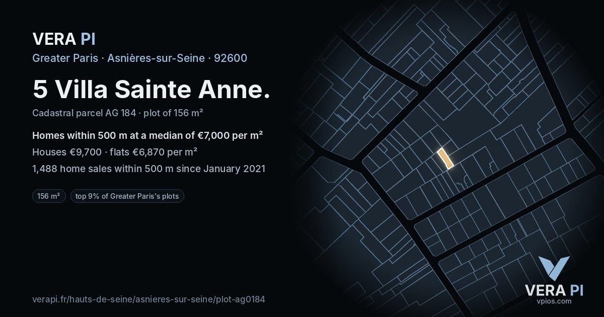 5 Villa Sainte Anne, Asnières-sur-Seine at night – the plot lit, the parcels around coloured by the prices near them