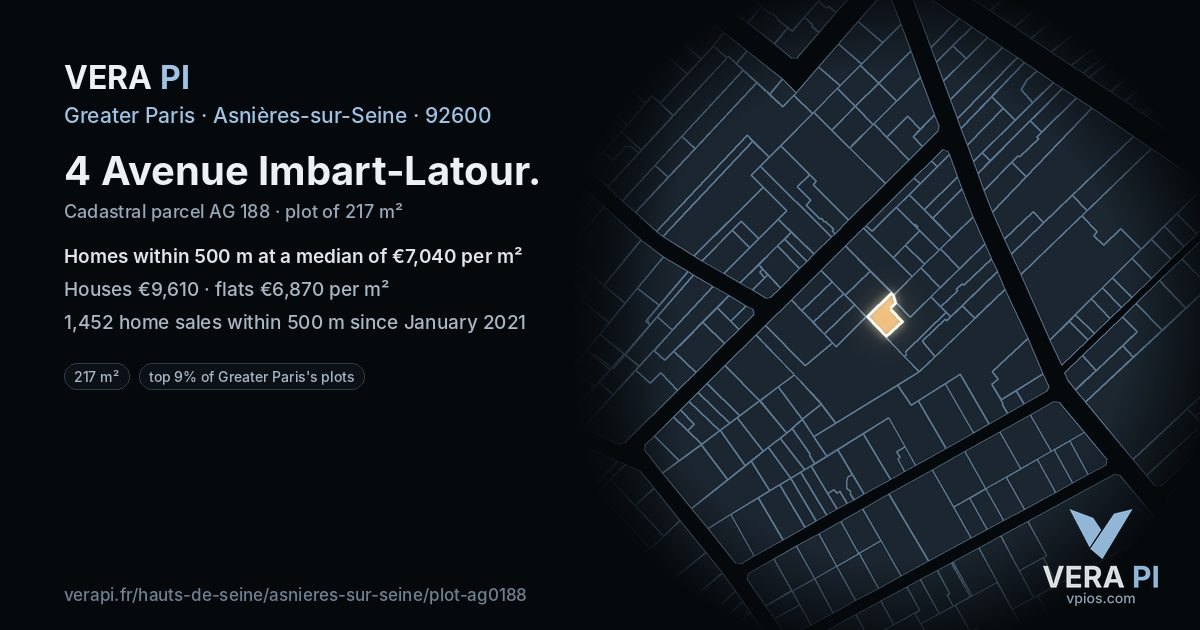 4 Avenue Imbart-Latour, Asnières-sur-Seine at night – the plot lit, the parcels around coloured by the prices near them