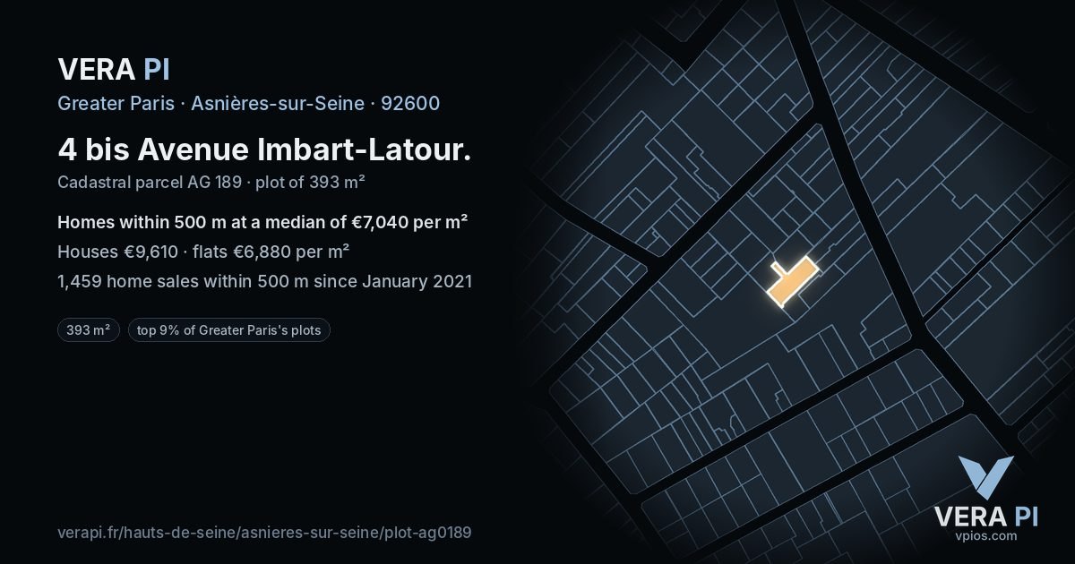 4 bis Avenue Imbart-Latour, Asnières-sur-Seine at night – the plot lit, the parcels around coloured by the prices near them