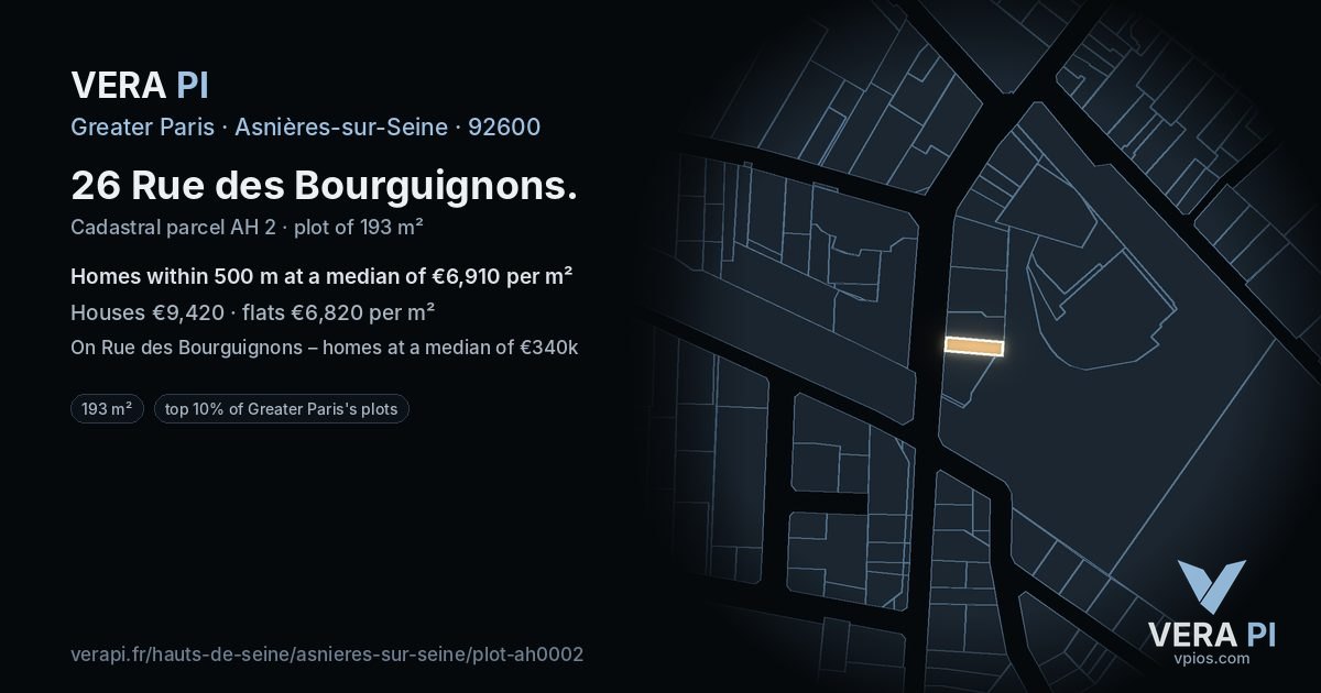 26 Rue des Bourguignons, Asnières-sur-Seine at night – the plot lit, the parcels around coloured by the prices near them