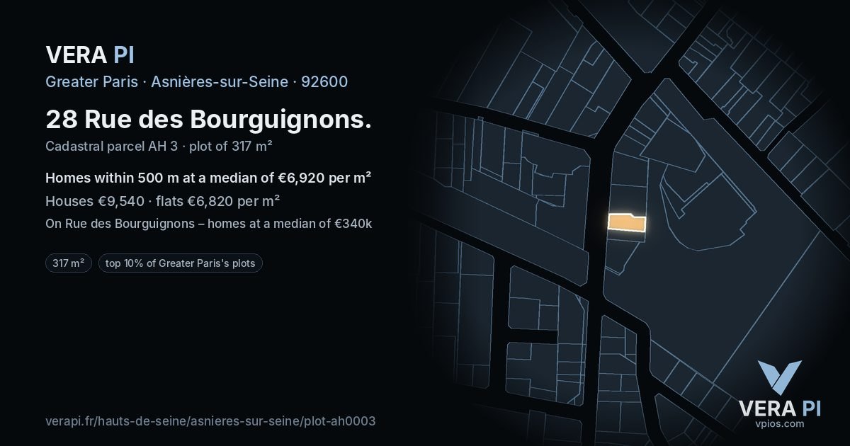 28 Rue des Bourguignons, Asnières-sur-Seine at night – the plot lit, the parcels around coloured by the prices near them